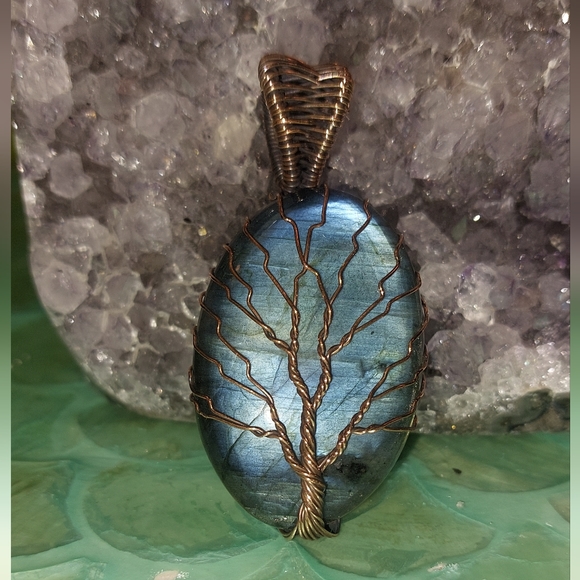 Copper Wire Wrapped Tree Labradorite Pendant - Picture 2 of 4